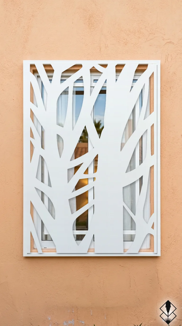 Celosía Espina en protección de ventana blanco, corte láser CNC en acero · Prometeus