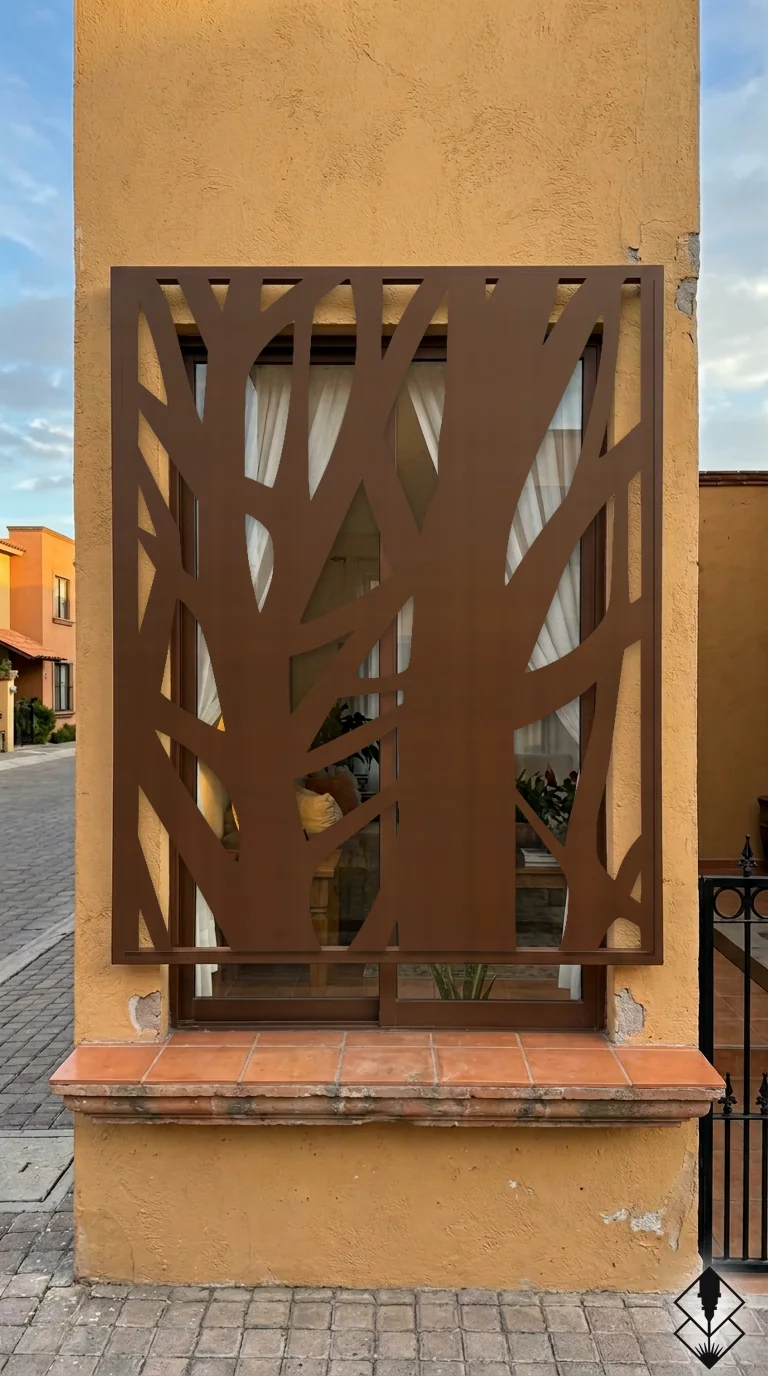 Celosía Espina en protección de ventana chocolate, corte láser CNC en acero · Prometeus