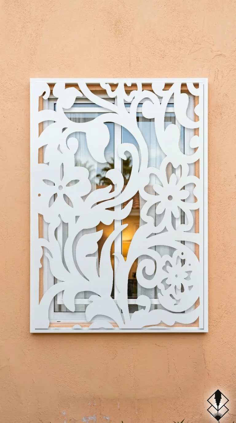 Celosía Flor Tropical en protección de ventana blanco, corte láser CNC en acero · Prometeus
