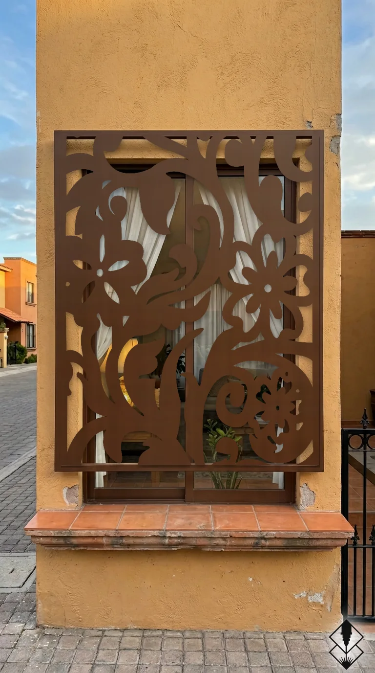 Celosía Flor Tropical en protección de ventana chocolate, corte láser CNC en acero · Prometeus