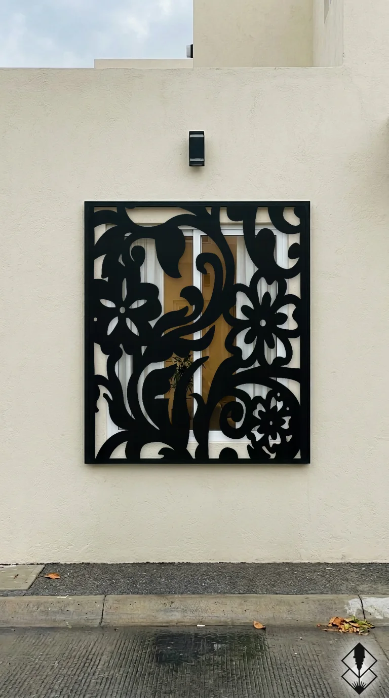 Celosía Flor Tropical en protección de ventana negro, corte láser CNC en acero · Prometeus