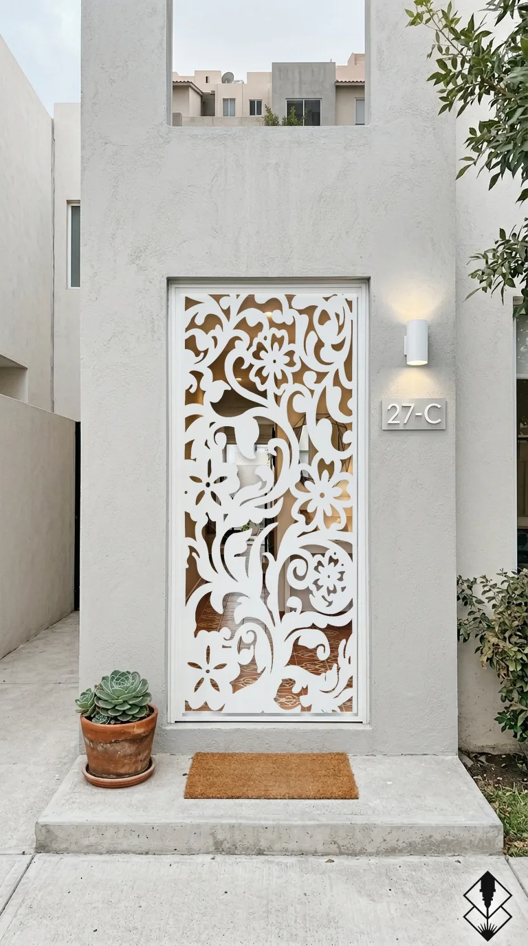 Celosía Flor Tropical en puerta blanco, corte láser CNC en acero · Prometeus