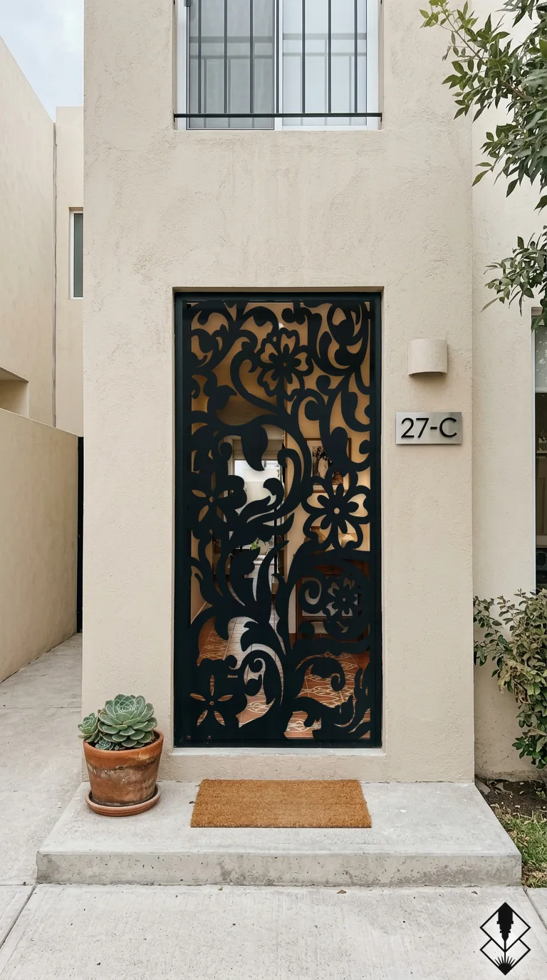 Celosía Flor Tropical en puerta negro, corte láser CNC en acero · Prometeus