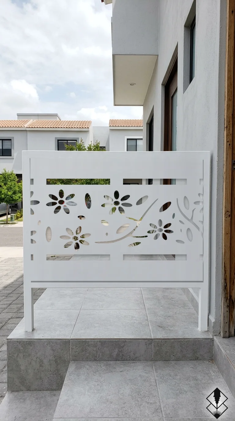 Celosía Floral en barandal blanco, corte láser CNC en acero · Prometeus