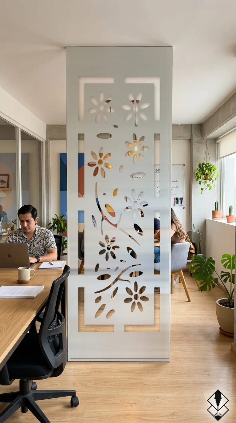 Celosía Floral en mampara blanco, corte láser CNC en acero · Prometeus