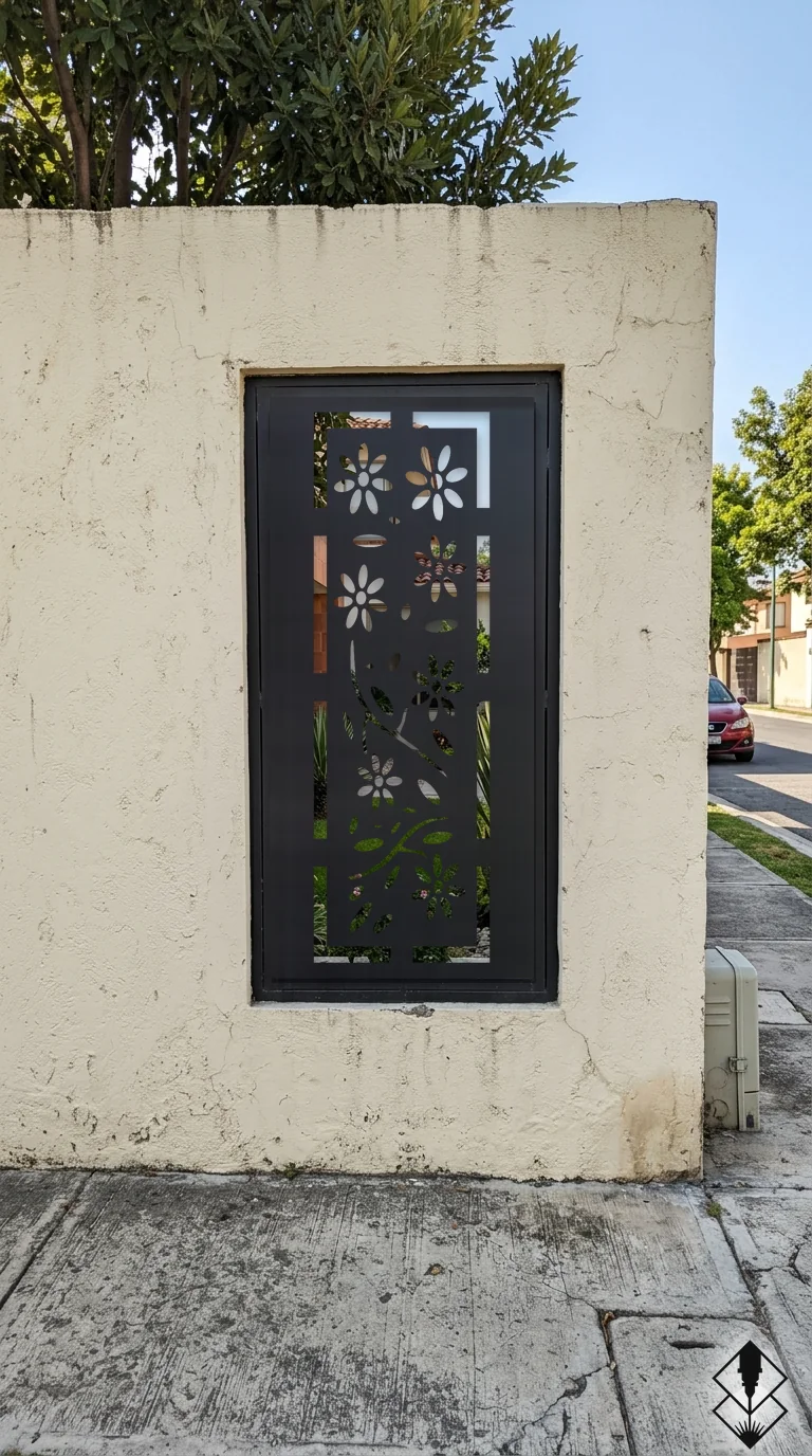 Celosía Floral en mampara de exterior negro, corte láser CNC en acero · Prometeus