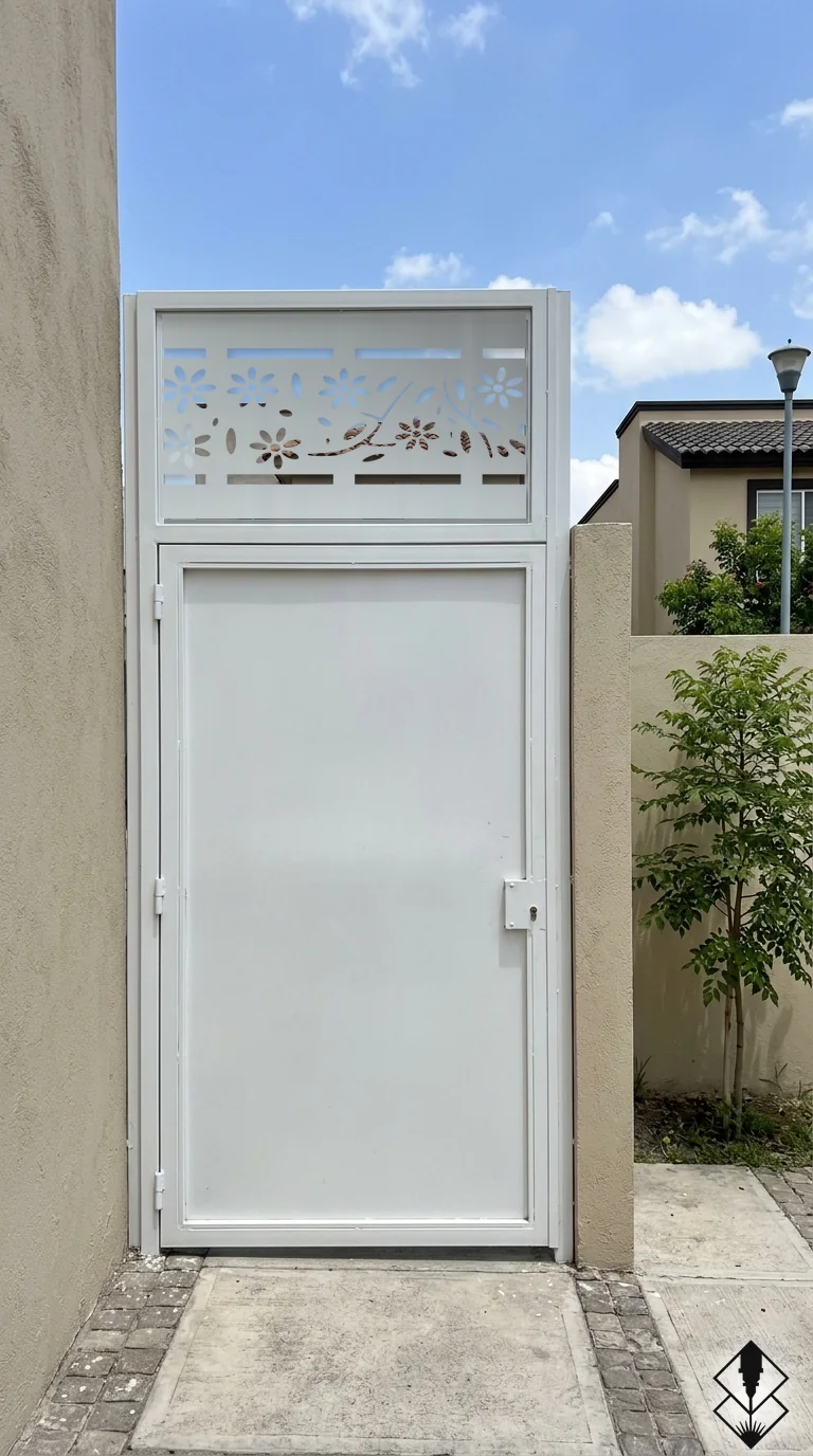 Celosía Floral en portón blanco, corte láser CNC en acero · Prometeus
