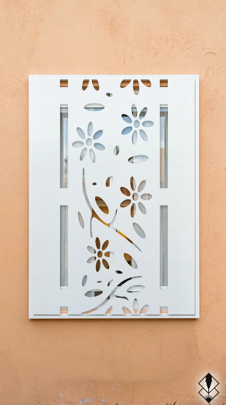 Celosía Floral en protección de ventana blanco, corte láser CNC en acero · Prometeus