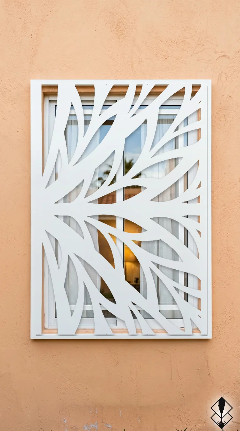Celosía Follaje en protección de ventana blanco, corte láser CNC en acero · Prometeus