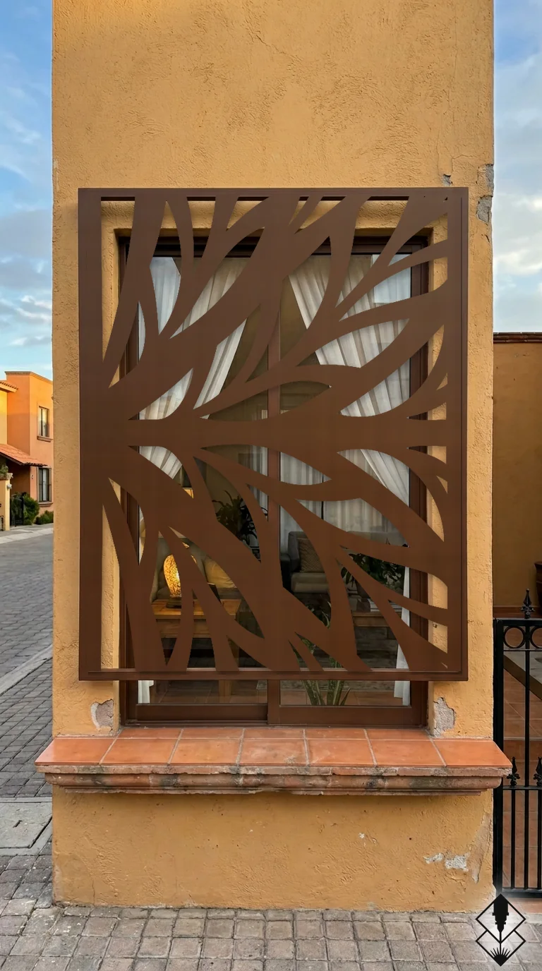 Celosía Follaje en protección de ventana chocolate, corte láser CNC en acero · Prometeus