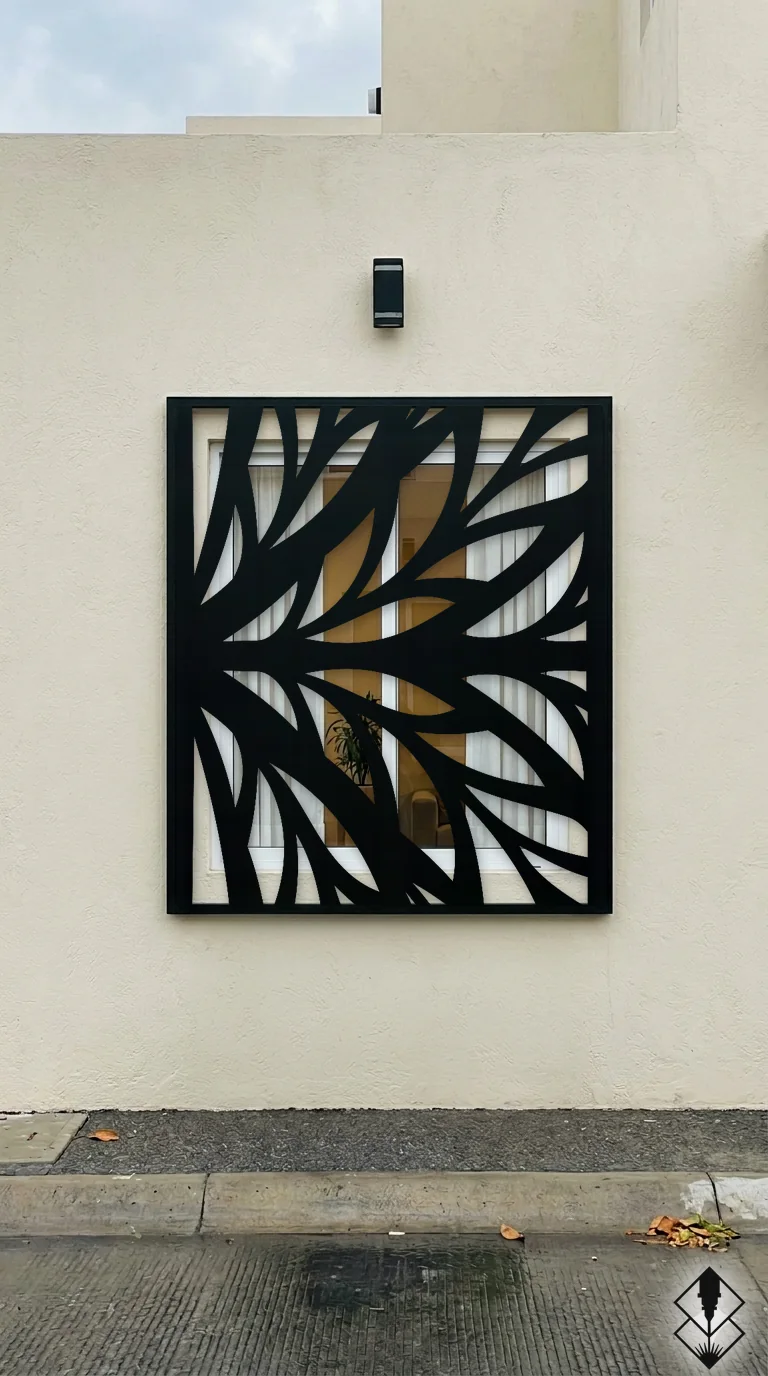 Celosía Follaje en protección de ventana negro, corte láser CNC en acero · Prometeus