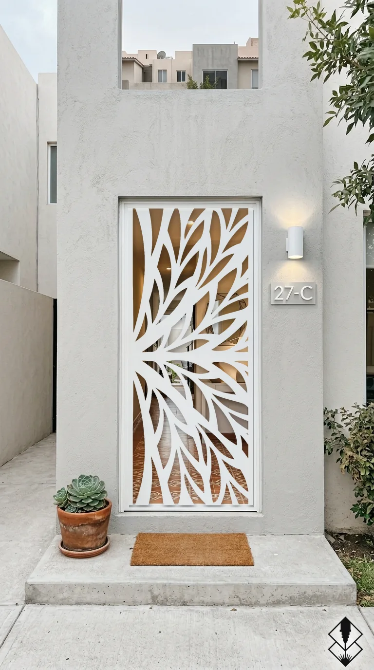 Celosía Follaje en puerta blanco, corte láser CNC en acero · Prometeus