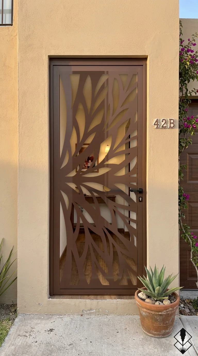Celosía Follaje en puerta chocolate, corte láser CNC en acero · Prometeus