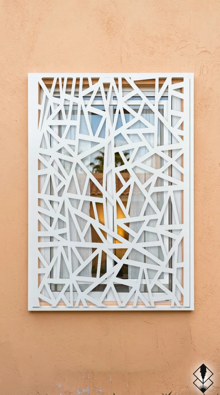 Celosía Fractura en protección de ventana blanco, corte láser CNC en acero · Prometeus