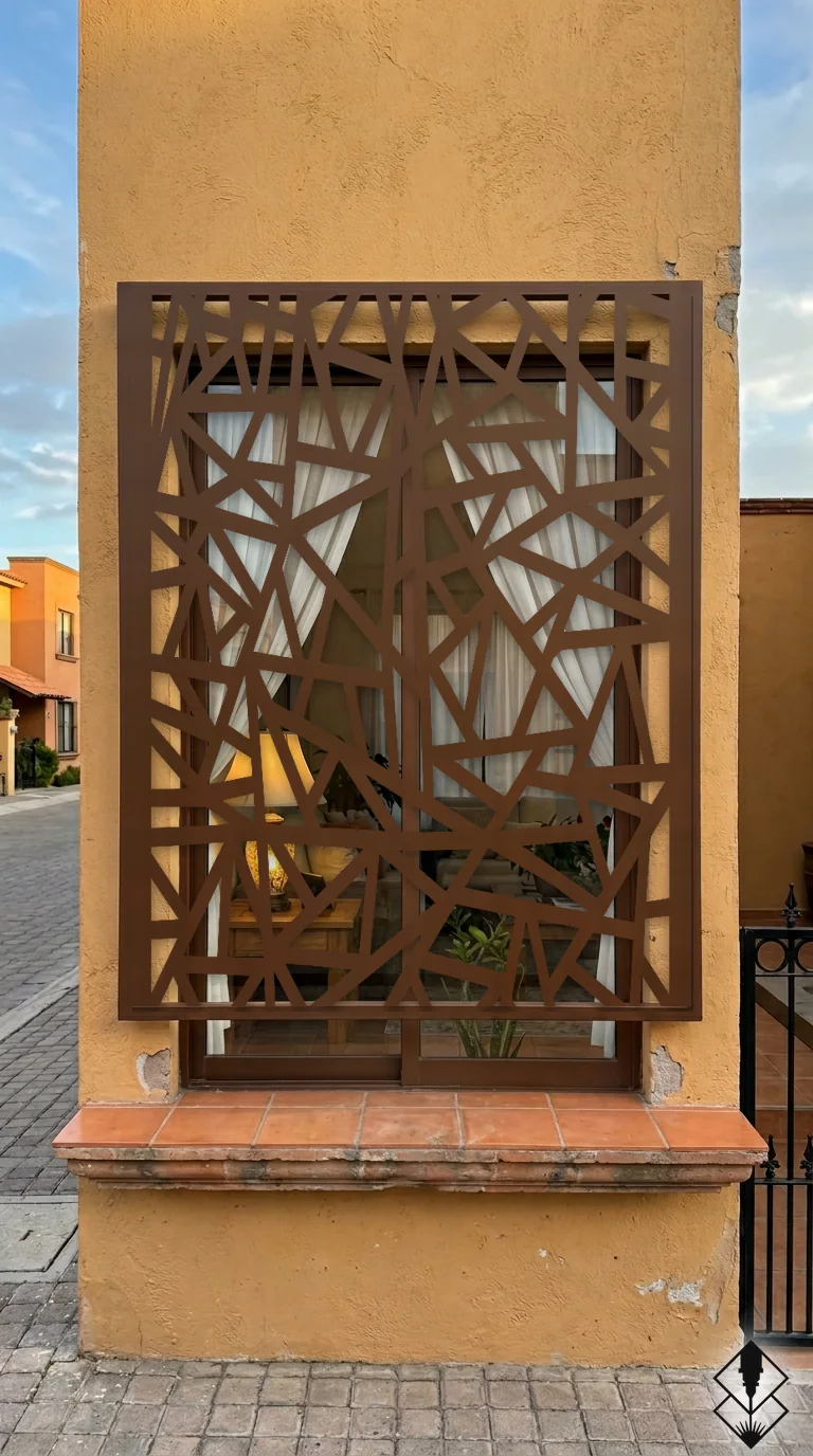 Celosía Fractura en protección de ventana chocolate, corte láser CNC en acero · Prometeus