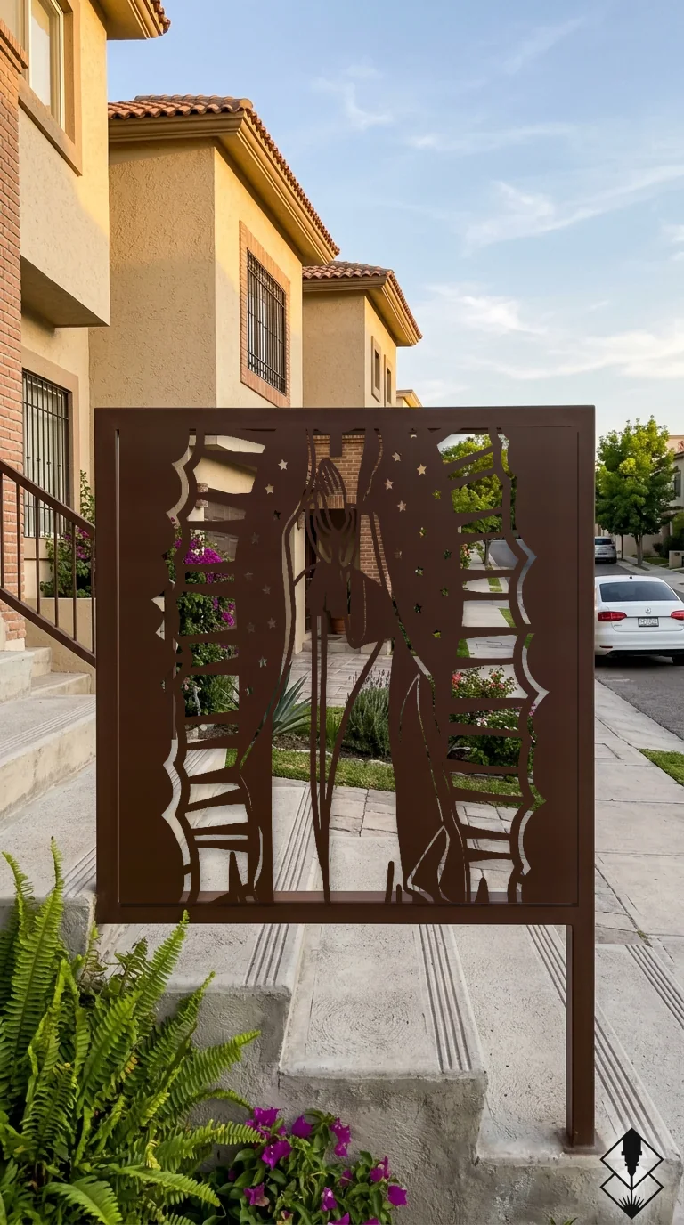 Celosía Guadalupe en barandal chocolate, corte láser CNC en acero · Prometeus