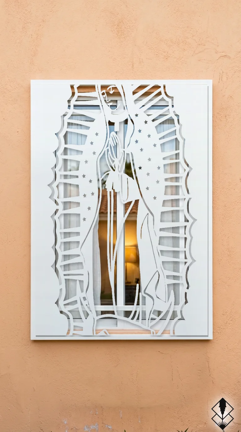 Celosía Guadalupe en protección de ventana blanco, corte láser CNC en acero · Prometeus