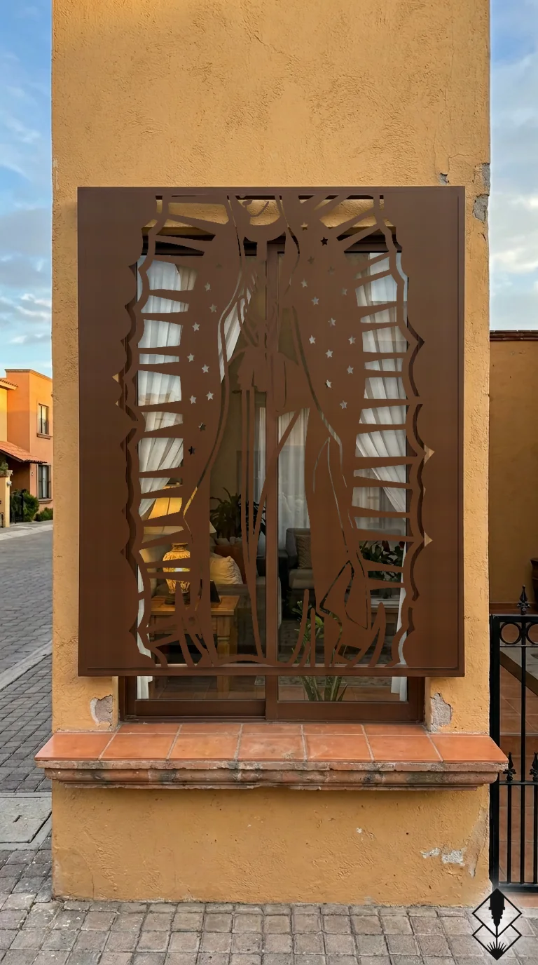 Celosía Guadalupe en protección de ventana chocolate, corte láser CNC en acero · Prometeus