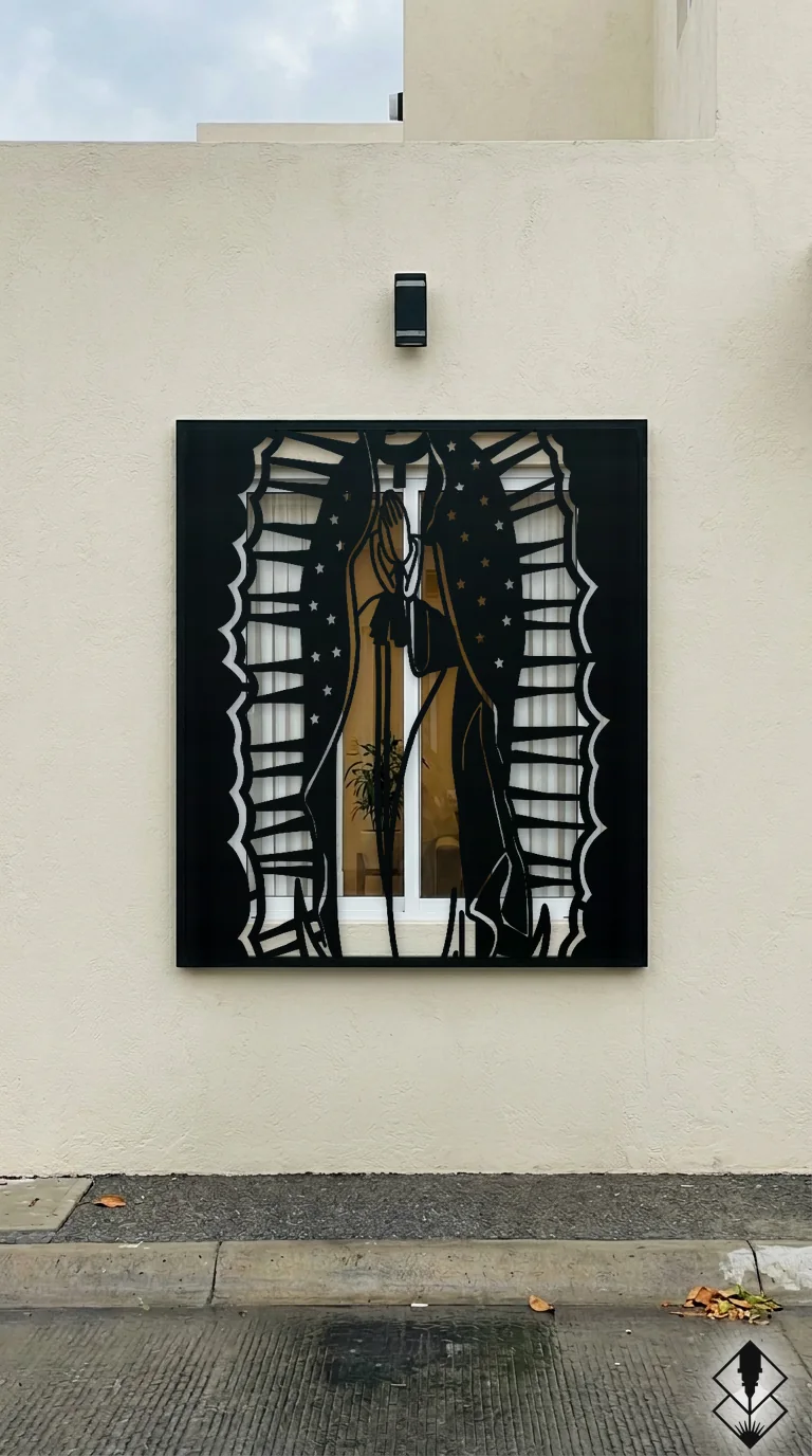 Celosía Guadalupe en protección de ventana negro, corte láser CNC en acero · Prometeus