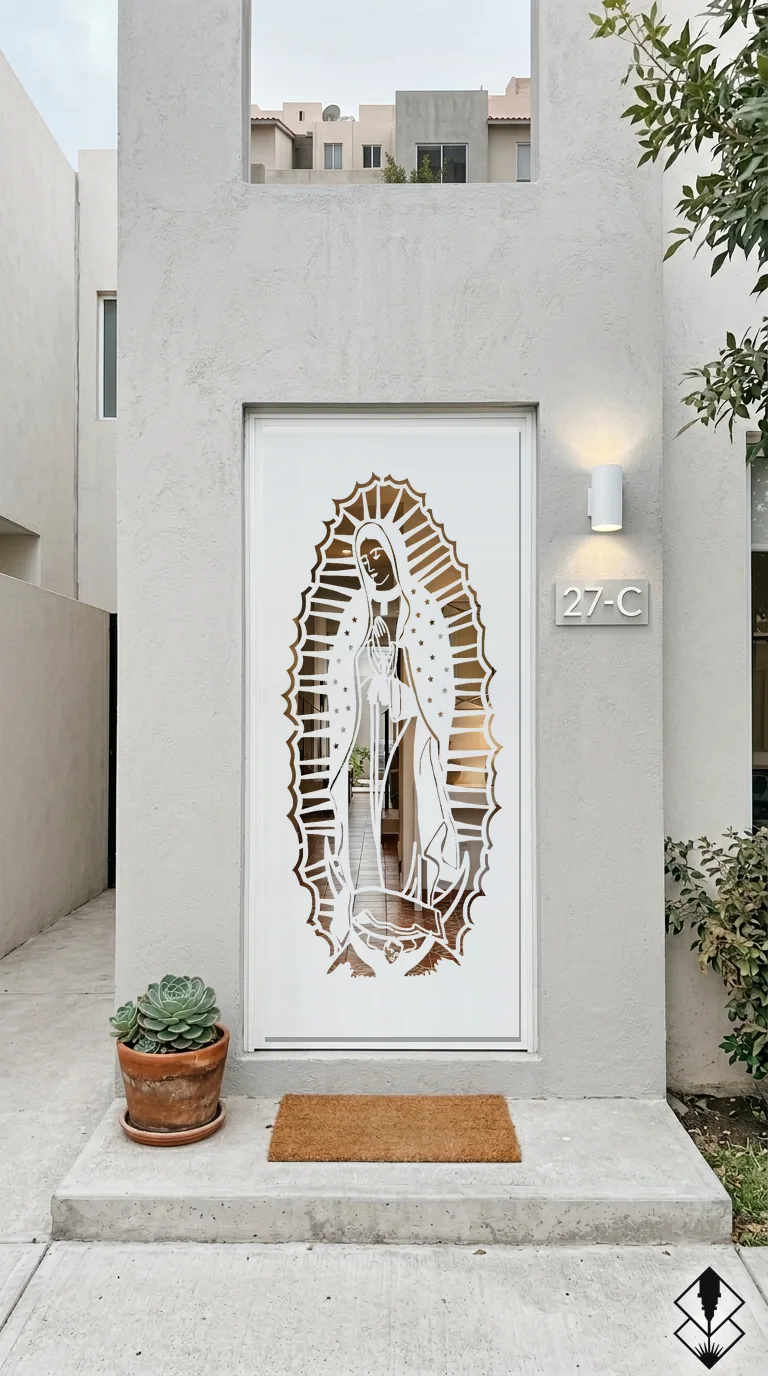 Celosía Guadalupe en puerta blanco, corte láser CNC en acero · Prometeus