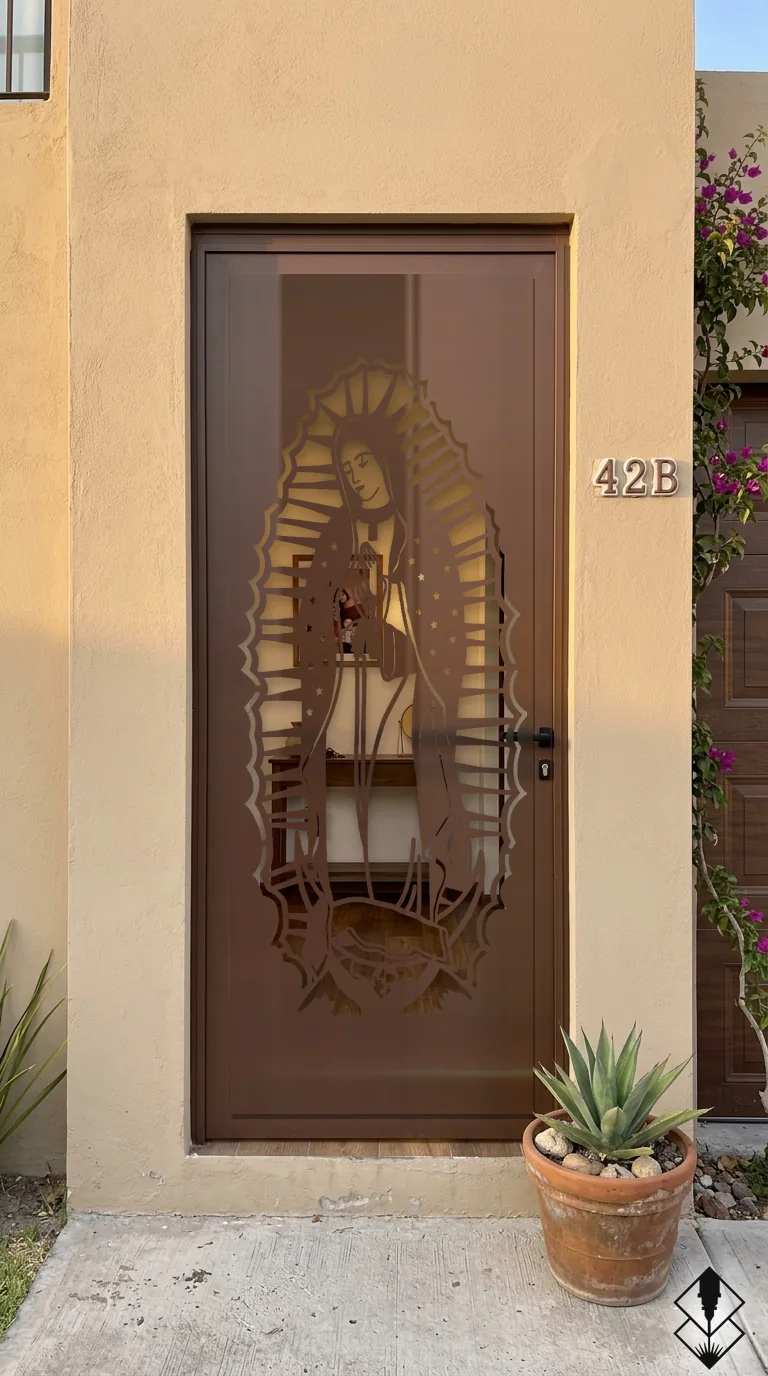 Celosía Guadalupe en puerta chocolate, corte láser CNC en acero · Prometeus