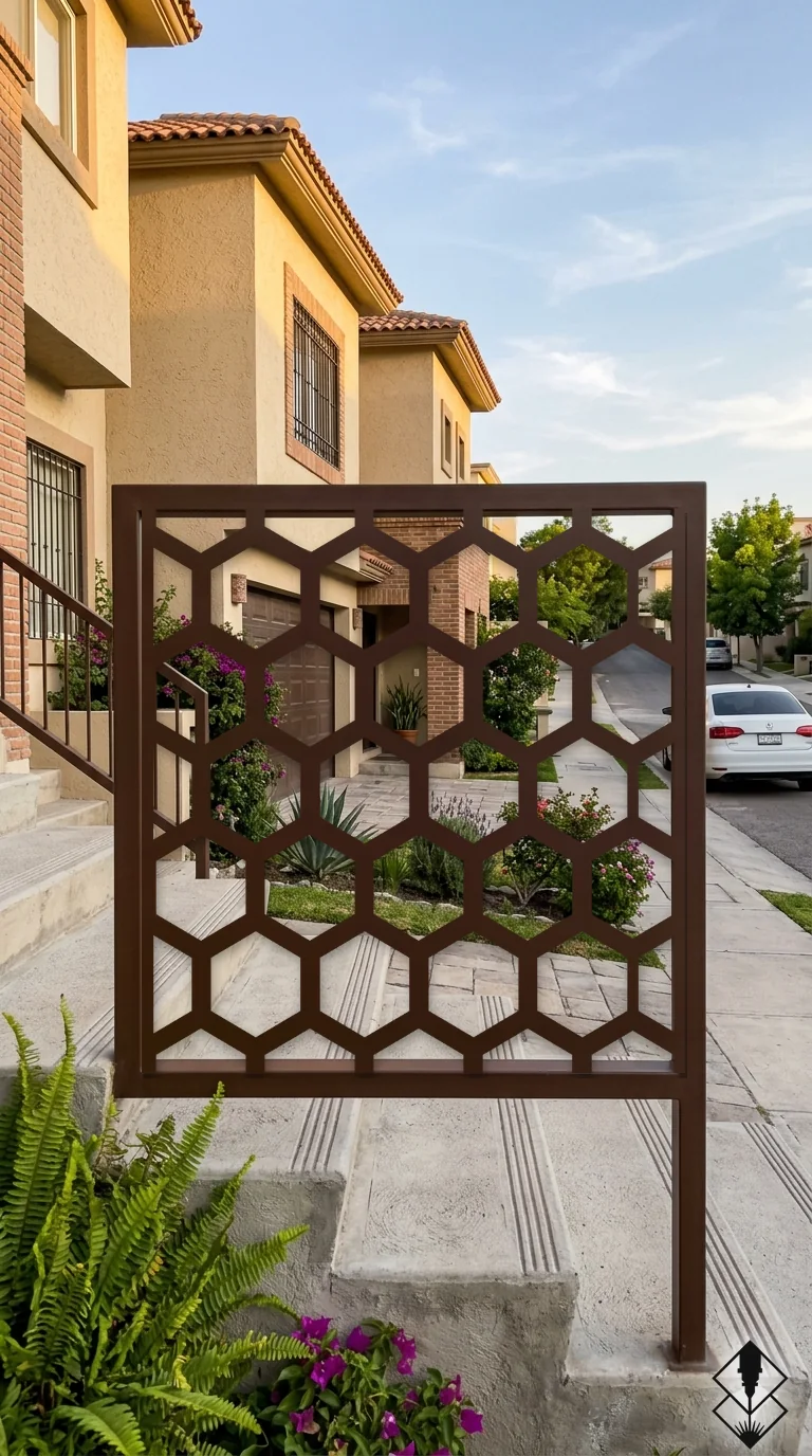 Celosía Hexagonos en barandal chocolate, corte láser CNC en acero · Prometeus