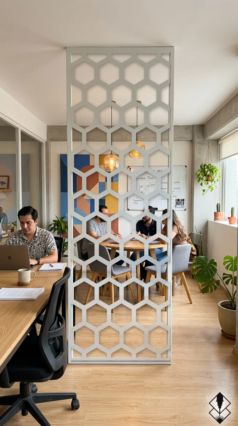 Celosía Hexagonos en mampara blanco, corte láser CNC en acero · Prometeus
