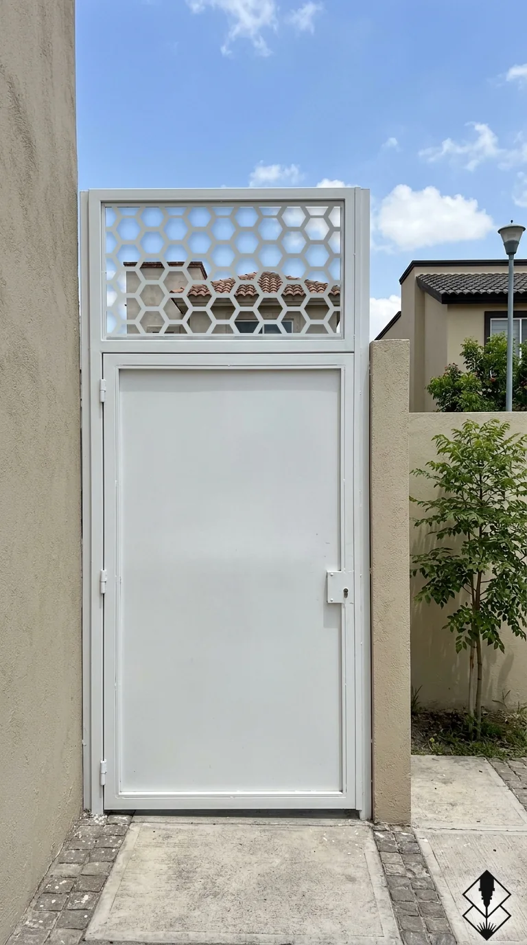 Celosía Hexagonos en portón blanco, corte láser CNC en acero · Prometeus