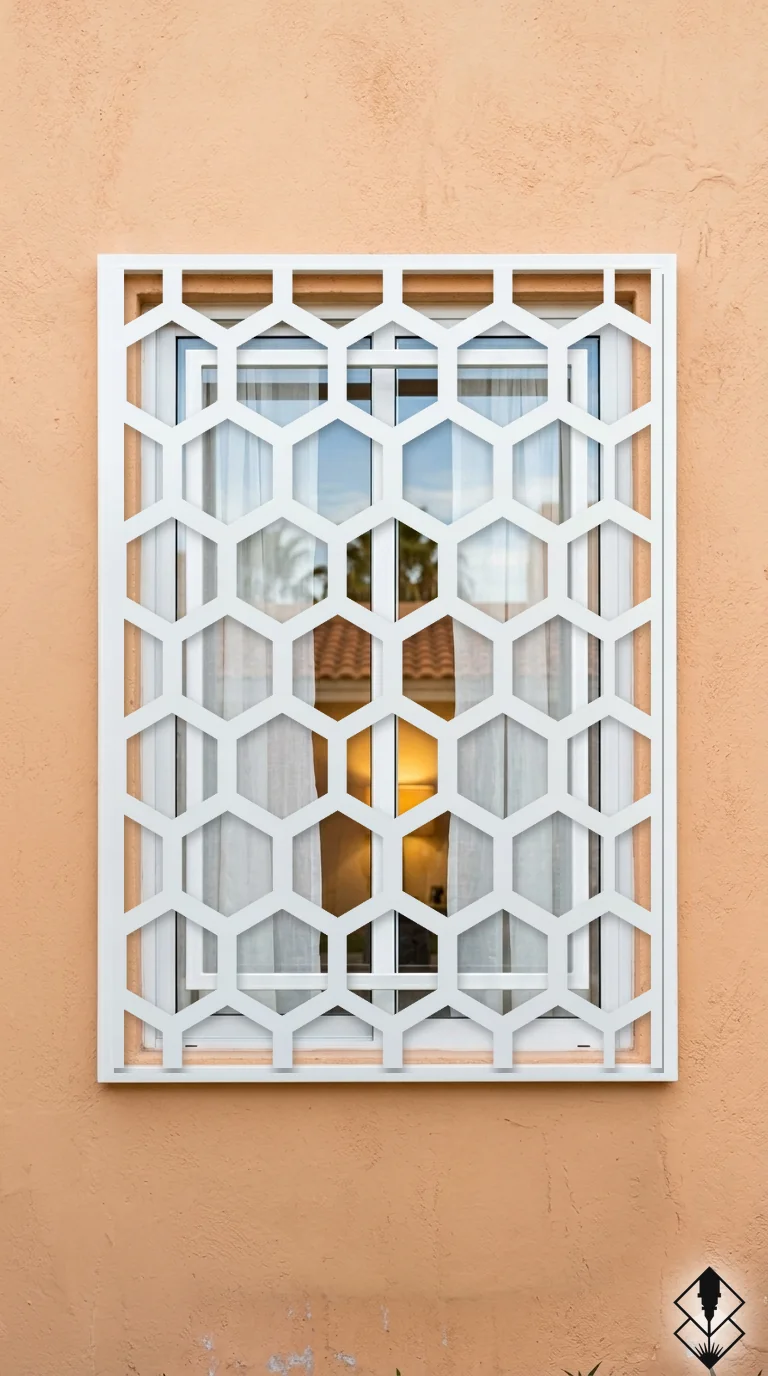 Celosía Hexagonos en protección de ventana blanco, corte láser CNC en acero · Prometeus