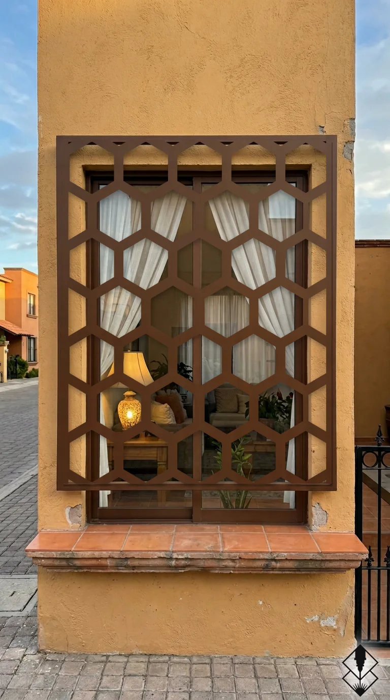 Celosía Hexagonos en protección de ventana chocolate, corte láser CNC en acero · Prometeus