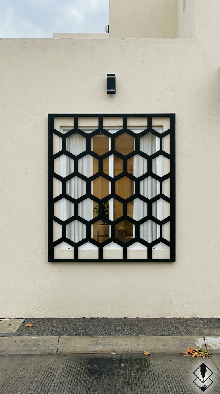 Celosía Hexagonos en protección de ventana negro, corte láser CNC en acero · Prometeus