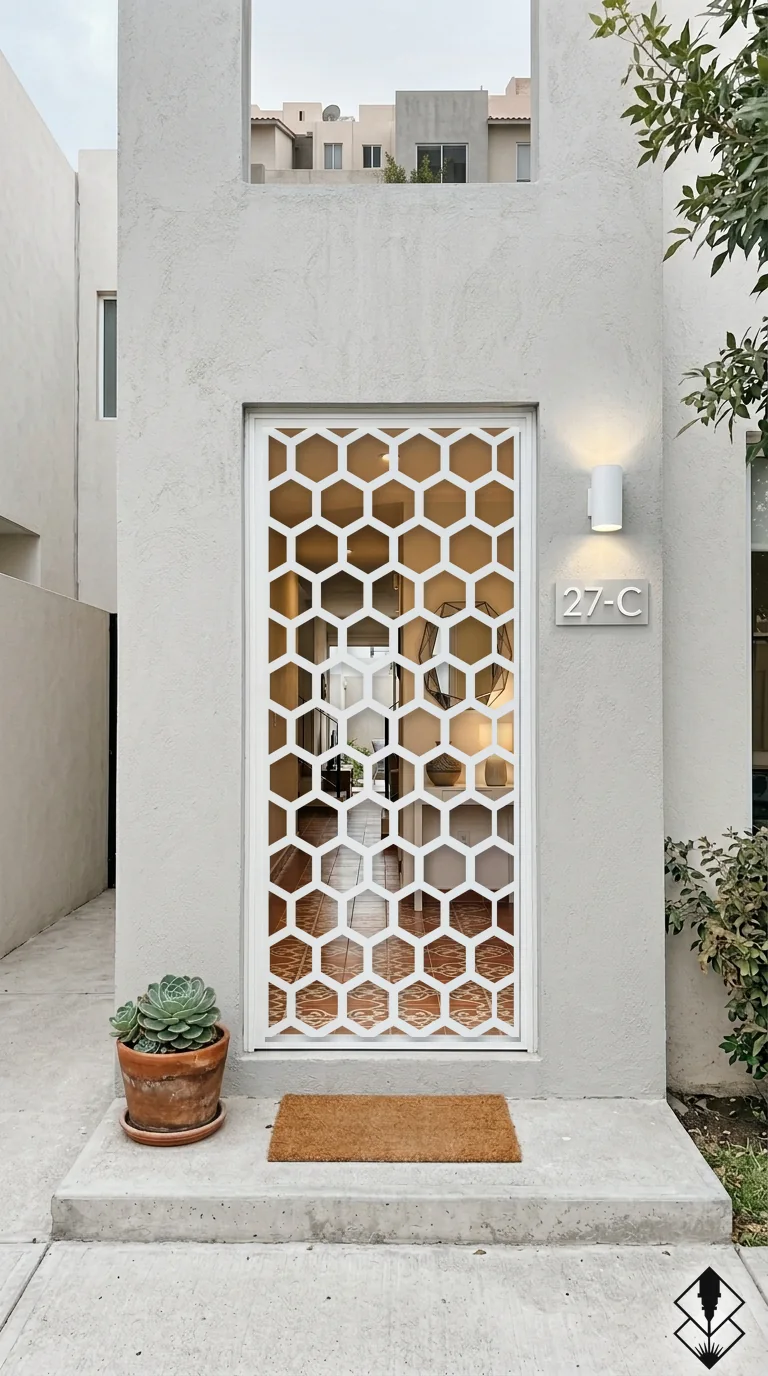 Celosía Hexagonos en puerta blanco, corte láser CNC en acero · Prometeus