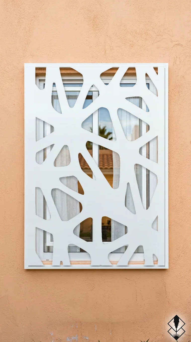 Celosía Hilos Redondos en protección de ventana blanco, corte láser CNC en acero · Prometeus