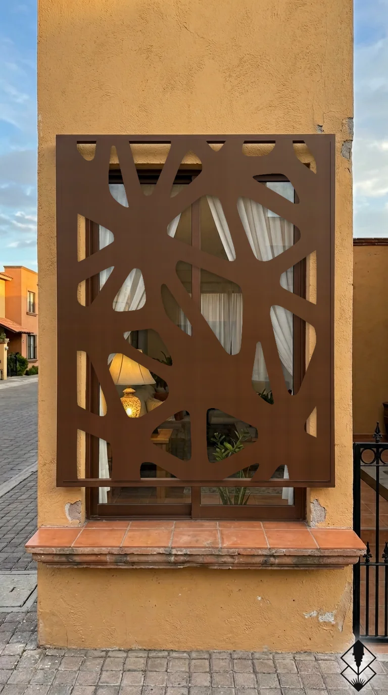 Celosía Hilos Redondos en protección de ventana chocolate, corte láser CNC en acero · Prometeus