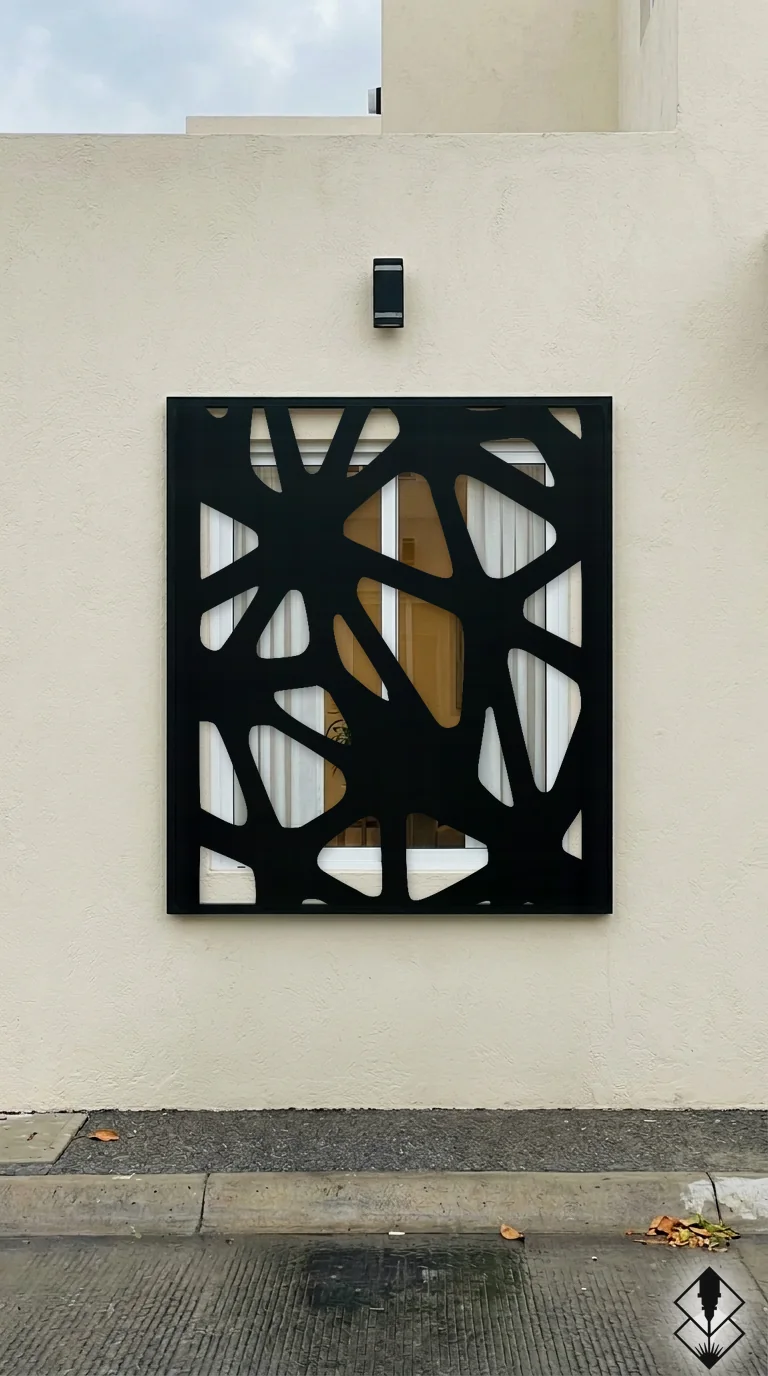 Celosía Hilos Redondos en protección de ventana negro, corte láser CNC en acero · Prometeus