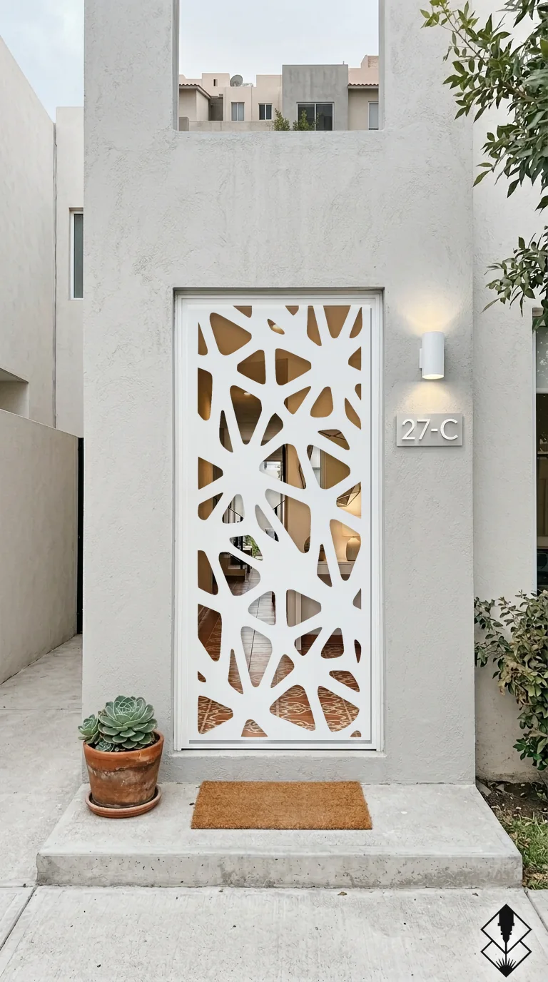 Celosía Hilos Redondos en puerta blanco, corte láser CNC en acero · Prometeus
