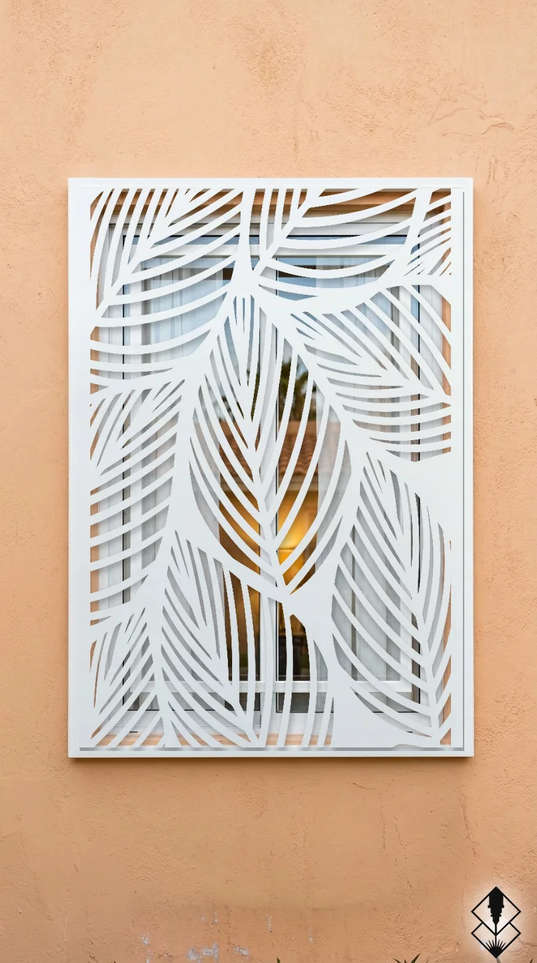 Celosía Hoja Fina en protección de ventana blanco, corte láser CNC en acero · Prometeus