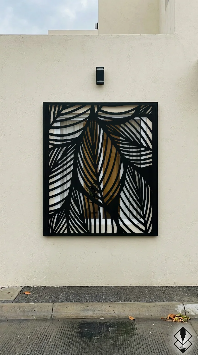 Celosía Hoja Fina en protección de ventana negro, corte láser CNC en acero · Prometeus