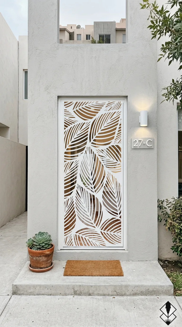 Celosía Hoja Fina en puerta blanco, corte láser CNC en acero · Prometeus