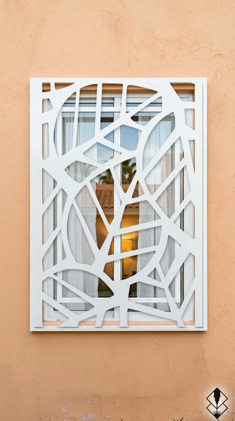 Celosía Hoja Redonda en protección de ventana blanco, corte láser CNC en acero · Prometeus