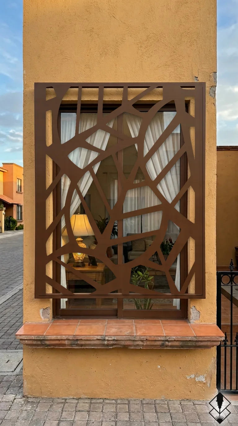 Celosía Hoja Redonda en protección de ventana chocolate, corte láser CNC en acero · Prometeus