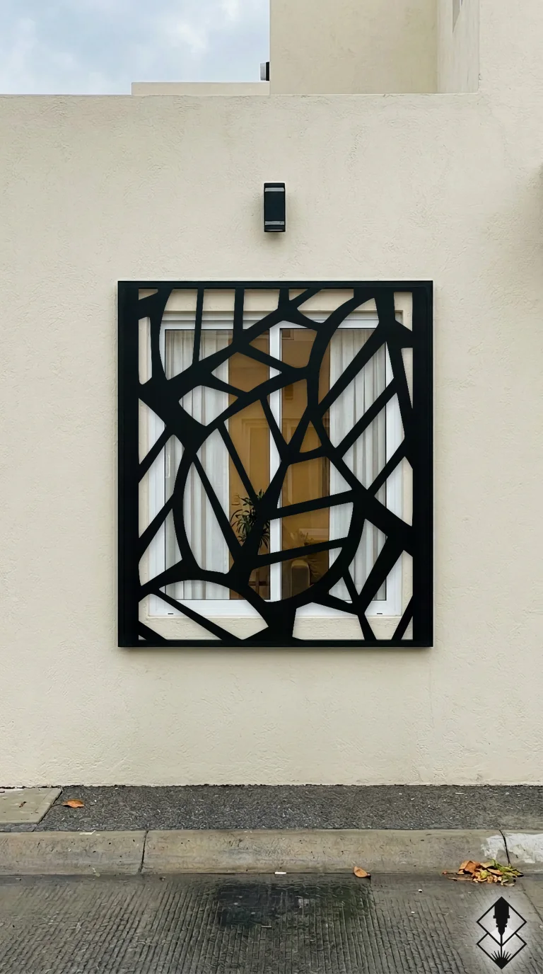 Celosía Hoja Redonda en protección de ventana negro, corte láser CNC en acero · Prometeus