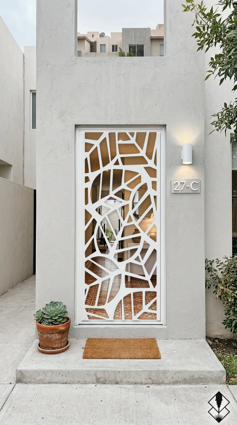 Celosía Hoja Redonda en puerta blanco, corte láser CNC en acero · Prometeus