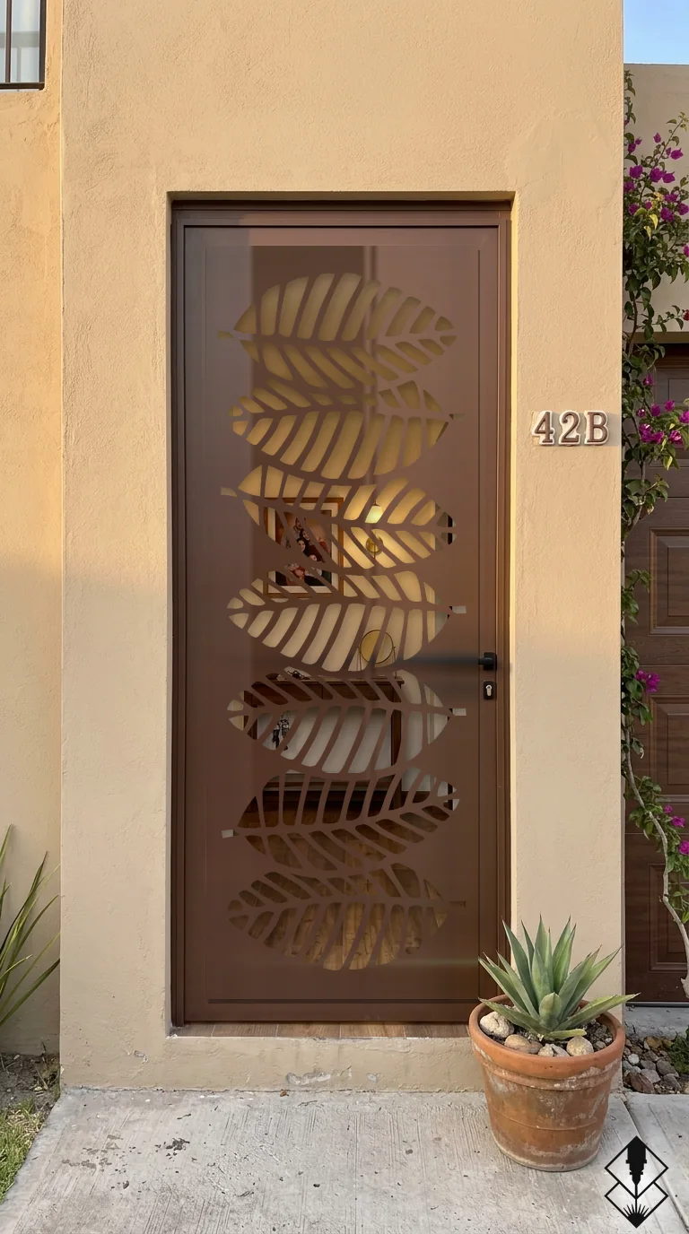 Celosía Hojas Flotantes en puerta chocolate, corte láser CNC en acero · Prometeus