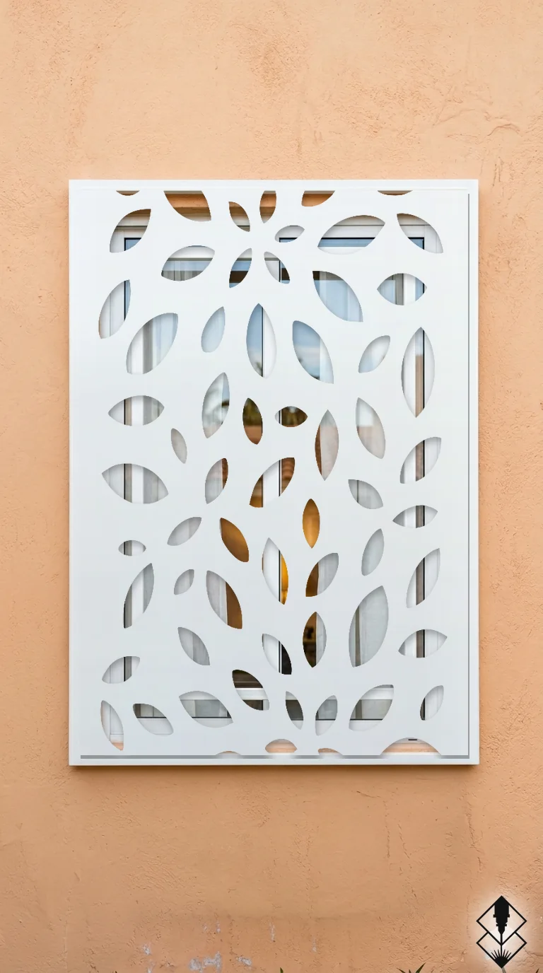 Celosía Hojas en protección de ventana blanco, corte láser CNC en acero · Prometeus