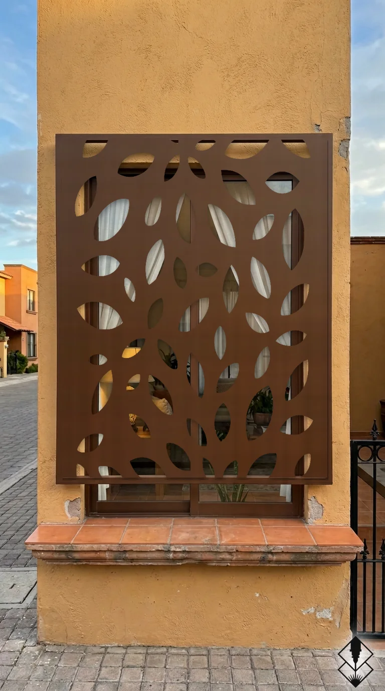 Celosía Hojas en protección de ventana chocolate, corte láser CNC en acero · Prometeus