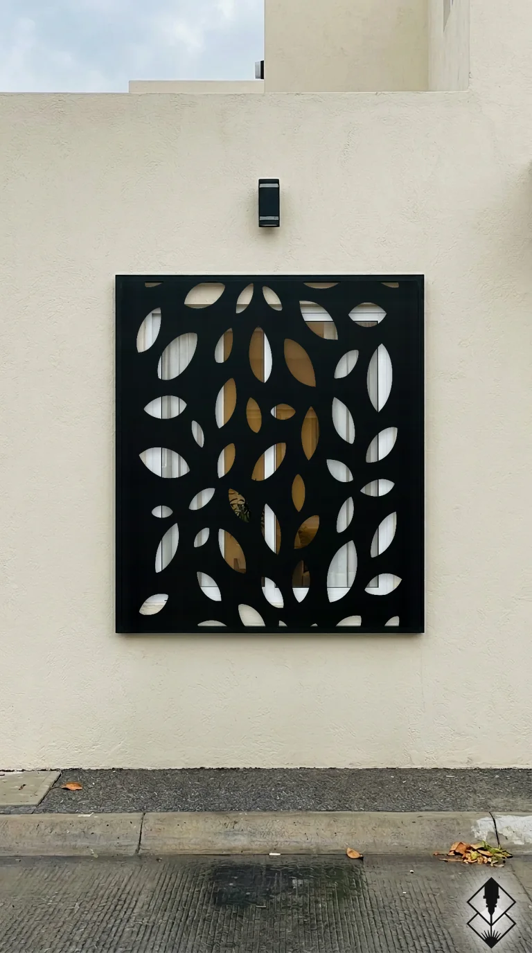 Celosía Hojas en protección de ventana negro, corte láser CNC en acero · Prometeus