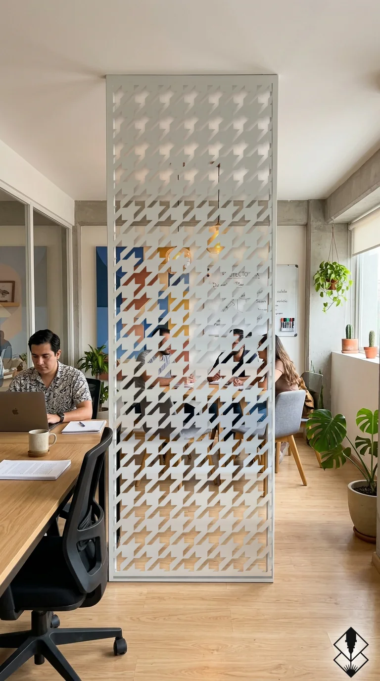 Celosía Houndstooth en mampara blanco, corte láser CNC en acero · Prometeus