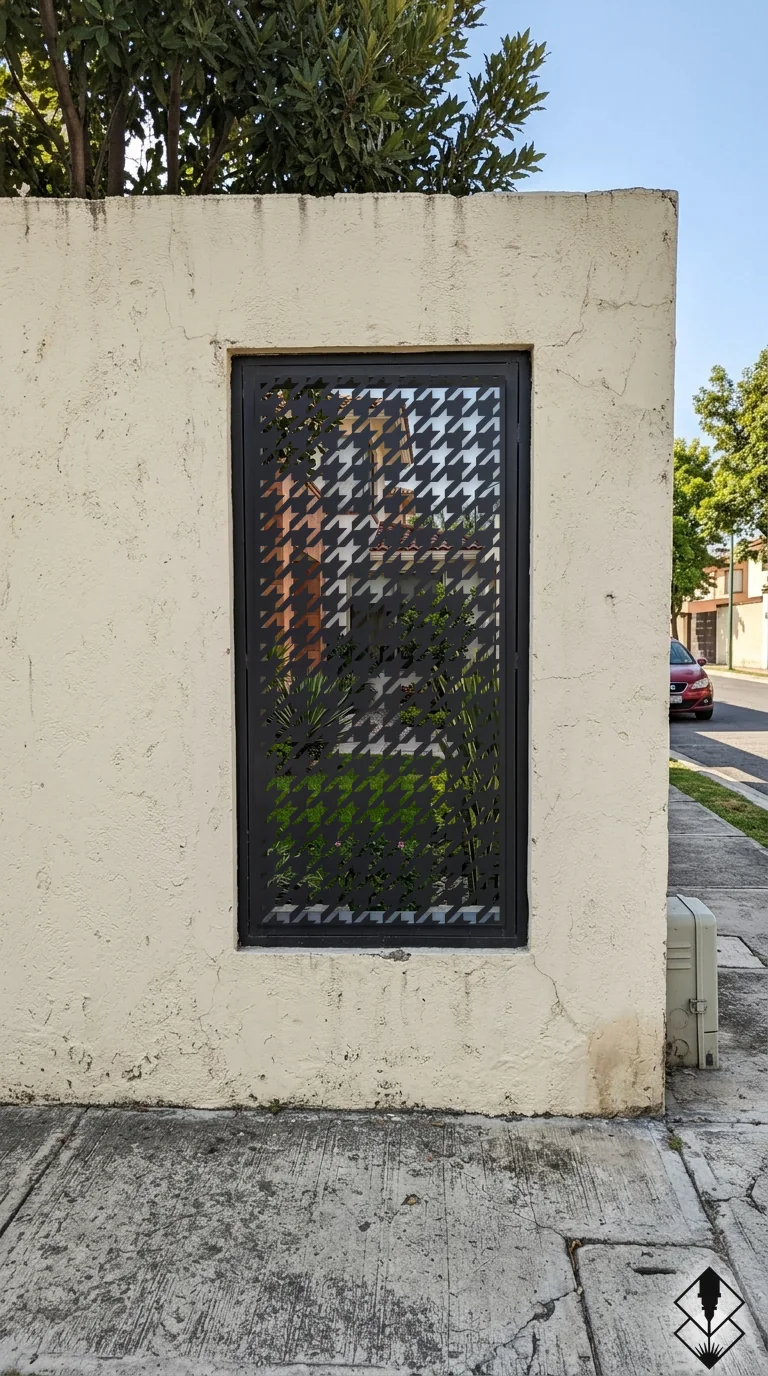 Celosía Houndstooth en mampara de exterior negro, corte láser CNC en acero · Prometeus