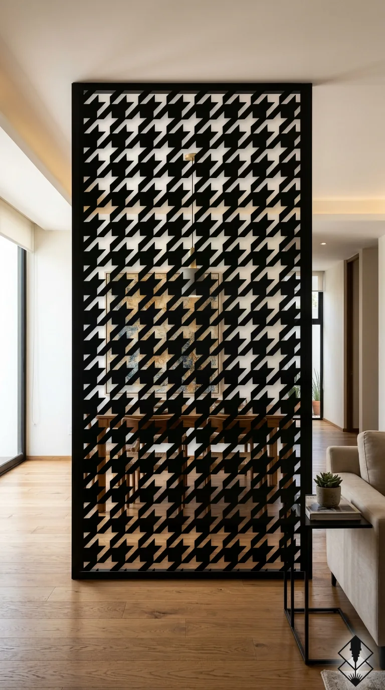 Celosía Houndstooth en mampara negro, corte láser CNC en acero · Prometeus